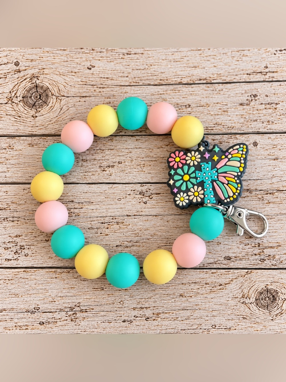 Pastel Beaded Keyring Wrist Clip Butterfly